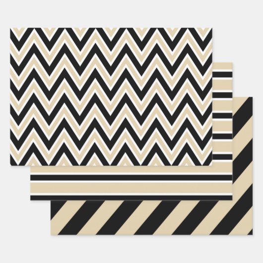 Black, Tan, and White Chevron & Bold Stripe ラッピングペーパーシート (セット)