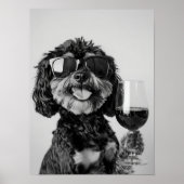 Black & Tan Cavapoo Drinking Wine Wall Art, Black  ポスター (正面)