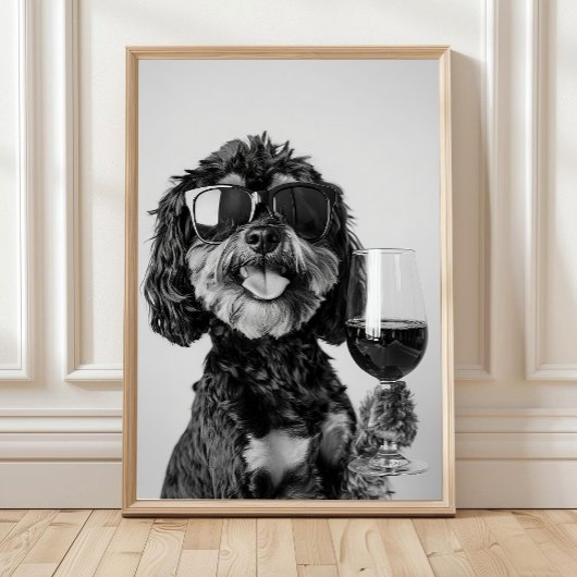 Black & Tan Cavapoo Drinking Wine Wall Art, Black  ポスター