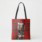 Black Tan Coonhound Christmas Dog Seasonal Plaid トートバッグ (正面)