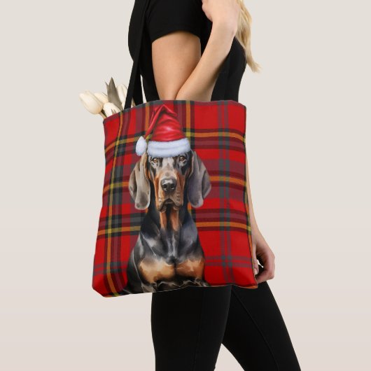 Black Tan Coonhound Christmas Dog Seasonal Plaid トートバッグ (クローズアップ)