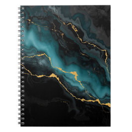 Black Teal Ink Marble Notebook with Gold Flow Vein ノートブック