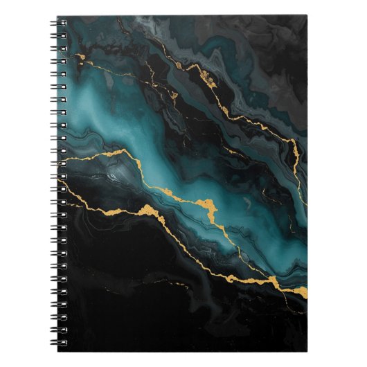 Black Teal Ink Marble Notebook with Gold Flow Vein ノートブック (正面)