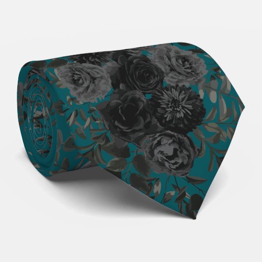 Black Teal Rose Gothic Elegant Wedding ネクタイ (ロール)