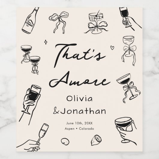 Black That's Amore Hand Drawn Wedding ワインラベル (シングルラベル)