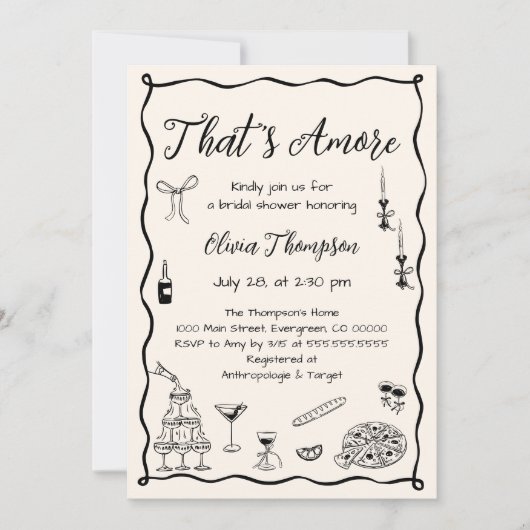 Black That's Amore Italian Bridal Shower 招待状 (正面)