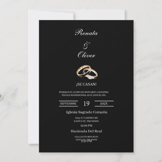 Black theme wedding ring Spanish Wedding 招待状 (正面)