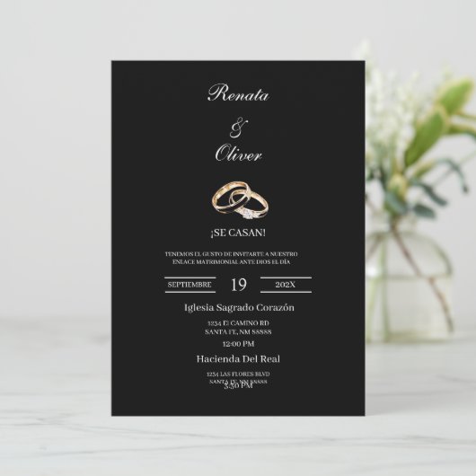 Black theme wedding ring Spanish Wedding 招待状 (スタンド正面)