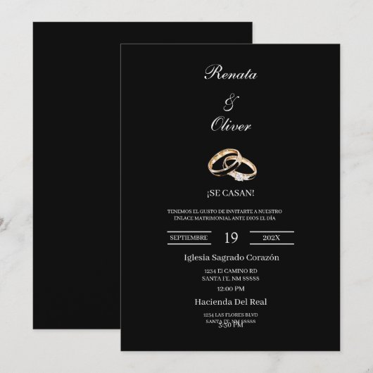 Black theme wedding ring Spanish Wedding 招待状 (正面/裏面)