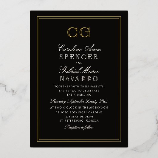 Black Tie Luxury Monogram Wedding 箔招待状 (正面)