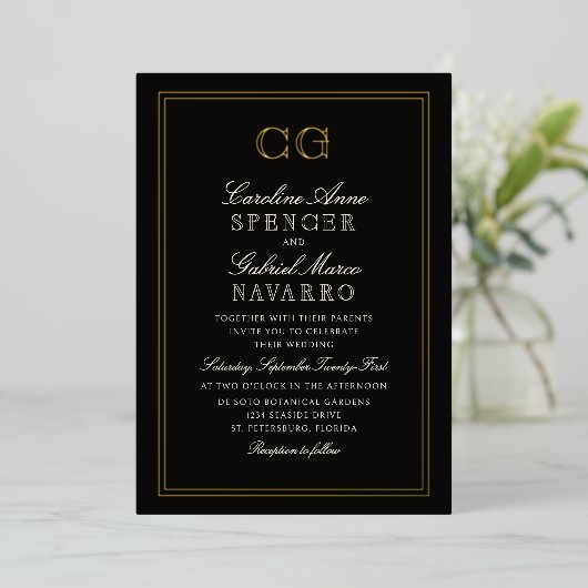 Black Tie Luxury Monogram Wedding 箔招待状 (立ち正面)