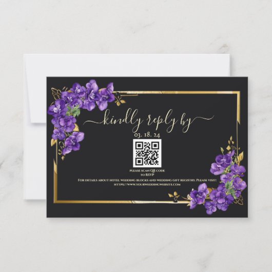 Black Tie Wedding RSVP Violets Gold Frame (正面)