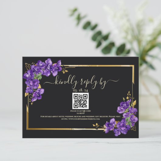 Black Tie Wedding RSVP Violets Gold Frame (スタンド正面)