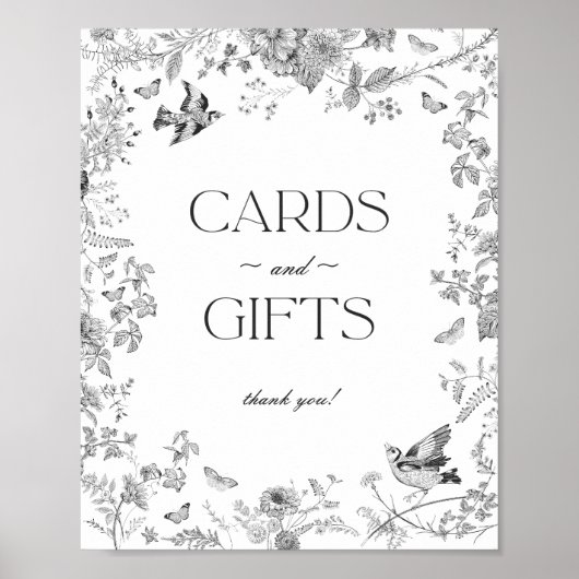 Black Toile De Jouy Floral Cards and Gifts Sign ポスター (正面)