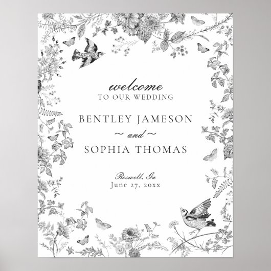 Black Toile De Jouy Floral Wedding Welcome Sign ポスター (正面)