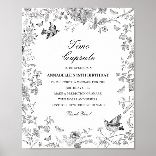 Black Toile Floral Time Capsule Baby Birthday Game ポスター (正面)