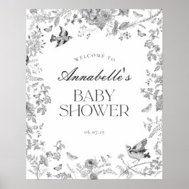 Black Toile Jouy Floral Baby Shower Welcome Sign ポスター