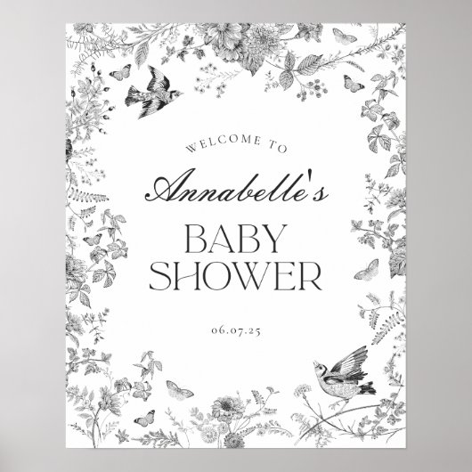 Black Toile Jouy Floral Baby Shower Welcome Sign ポスター (正面)