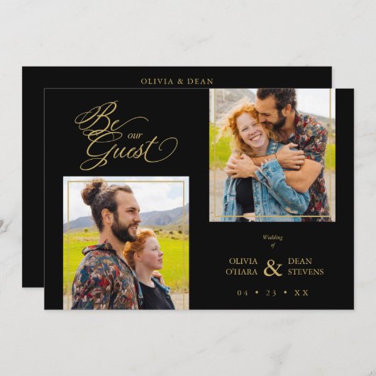 Black Trendy 2 Photos Fake Golden 招待状 (正面/裏面)
