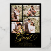 Black Trendy Collage 4 Photos Luxury Script  箔招待状 (正面)