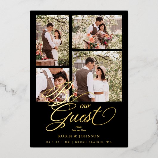 Black Trendy Collage 4 Photos Luxury Script  箔招待状 (正面)