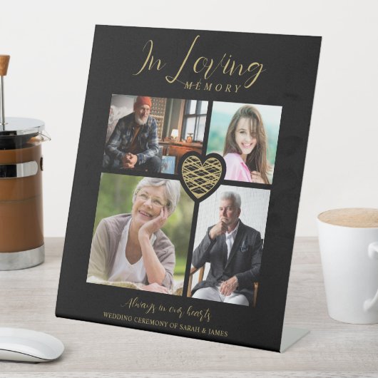 Black Trendy Collage 4 Photos Modern Heart Wedding 台座サイン (インサイチュ)