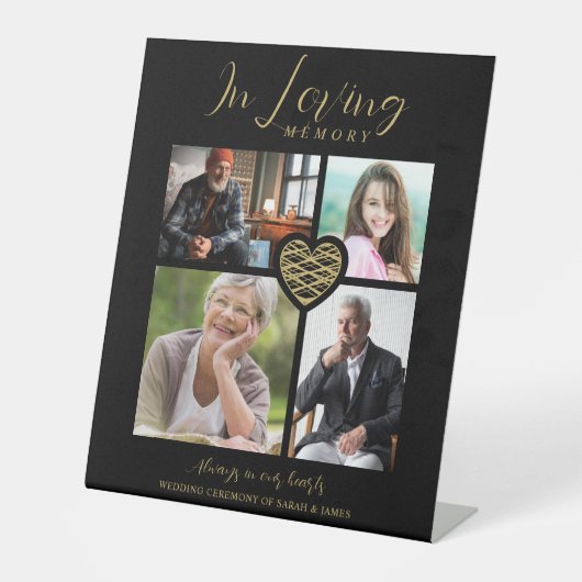 Black Trendy Collage 4 Photos Modern Heart Wedding 台座サイン (正面)