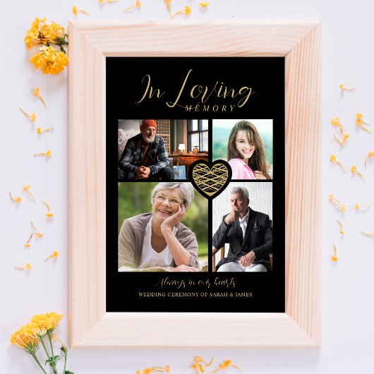 Black Trendy Collage 4 Photos Modern Heart Wedding 箔ポスター
