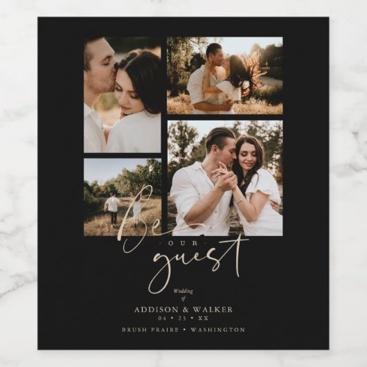 Black Trendy Collage Wedding 4 Photos ワインラベル (シングルラベル)