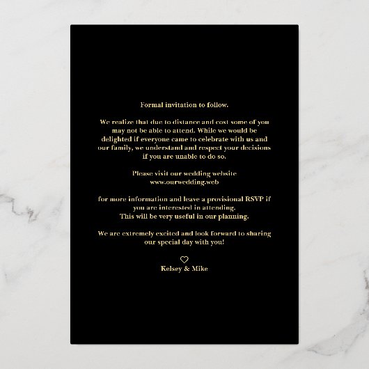 Black Trendy Modern Branches Gold Effect Photo 箔招待状 (裏面)