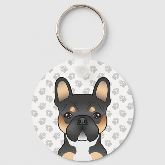 Black Tricolor French Bulldog Frenchie Dog & Paws キーホルダー (正面)