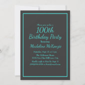 Black Turquoise Striped 100th Birthday Party 招待状 (正面)
