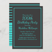 Black Turquoise Striped 100th Birthday Party 招待状 (正面/裏面)