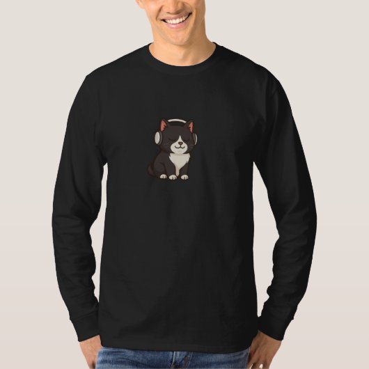 Black Tuxedo Cat Kawaii Wearing Headphones Funny C Tシャツ (正面)