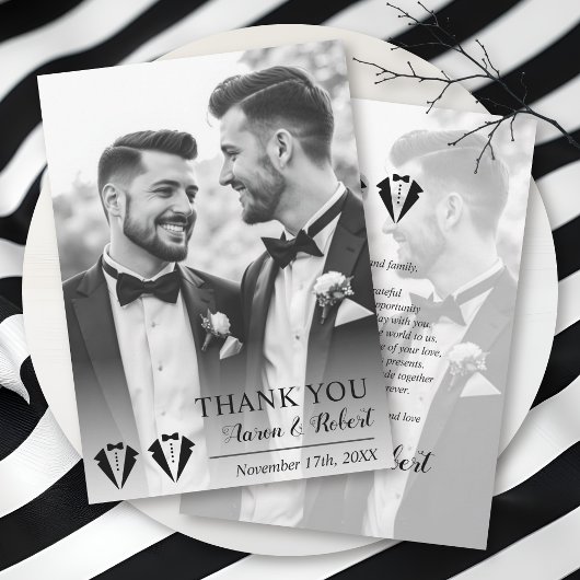 Black tuxedo two grooms gay wedding photo サンキューカード