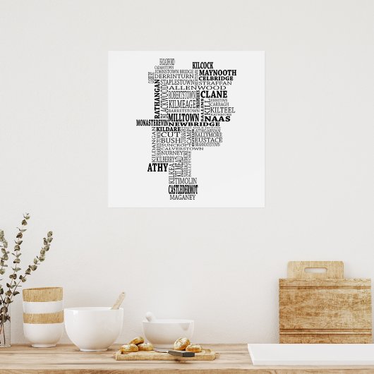Black Typographical Map of Co. Kildare, Ireland ポスター (キッチン)