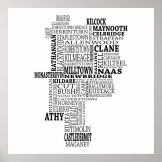 Black Typographical Map of Co. Kildare, Ireland ポスター