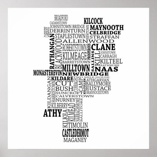 Black Typographical Map of Co. Kildare, Ireland ポスター (正面)