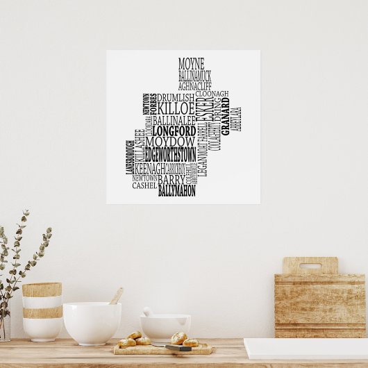 Black Typographical Map of Co. Longford, Ireland ポスター (キッチン)