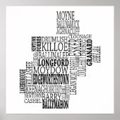 Black Typographical Map of Co. Longford, Ireland ポスター (正面)