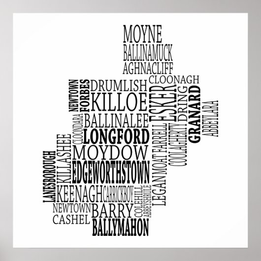 Black Typographical Map of Co. Longford, Ireland ポスター (正面)