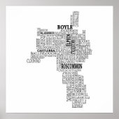 Black Typographical Map of Co. Roscommon, Ireland ポスター (正面)