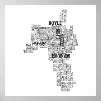 Black Typographical Map of Co. Roscommon, Ireland ポスター
