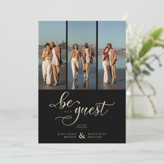 Black Vertical 3 Photos Collage Fancy Handwritten  招待状 (スタンド正面)