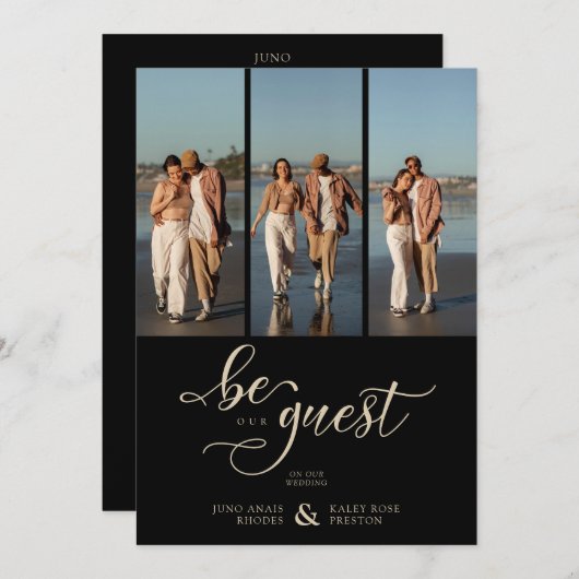 Black Vertical 3 Photos Collage Fancy Handwritten  招待状 (正面/裏面)