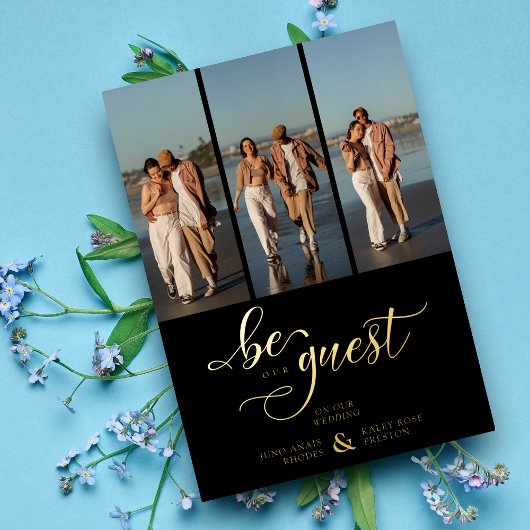 Black Vertical 3 Photos Collage Handwritten Fancy 箔招待状