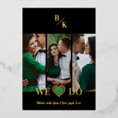 Black Vertical 3 Photos Collage Handwritten Fancy 箔招待状 (正面)