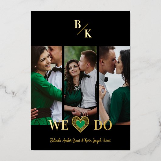 Black Vertical 3 Photos Collage Handwritten Fancy 箔招待状 (正面)