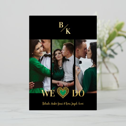 Black Vertical 3 Photos Collage Handwritten Fancy 箔招待状 (立ち正面)