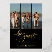 Black Vertical 3 Photos Collage Handwritten Fancy 箔招待状 (正面)